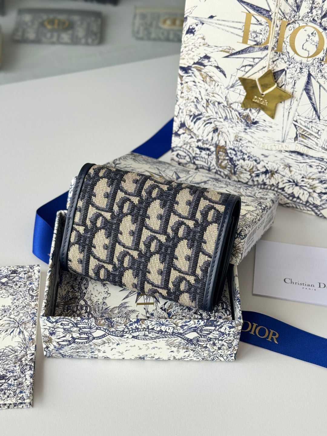 DIOR 25S CARO CARD HOLDER 11 IN BLUE CALFSKIN AND CANVAS GOLD HARDWARE