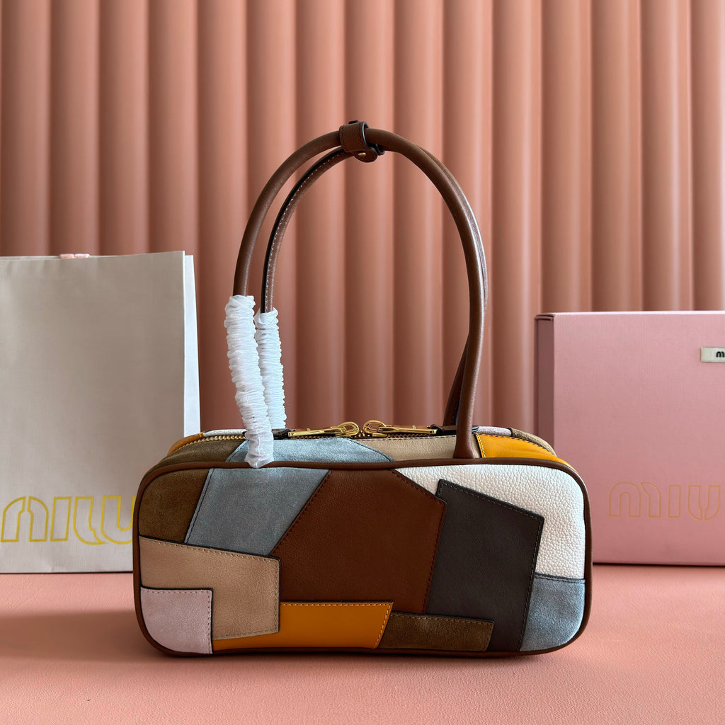 MIUMIU 26S BEAU TOP HANDLE BAG 28 IN COGNAC LEATHER PATCHWORK GOLD HARDWARE