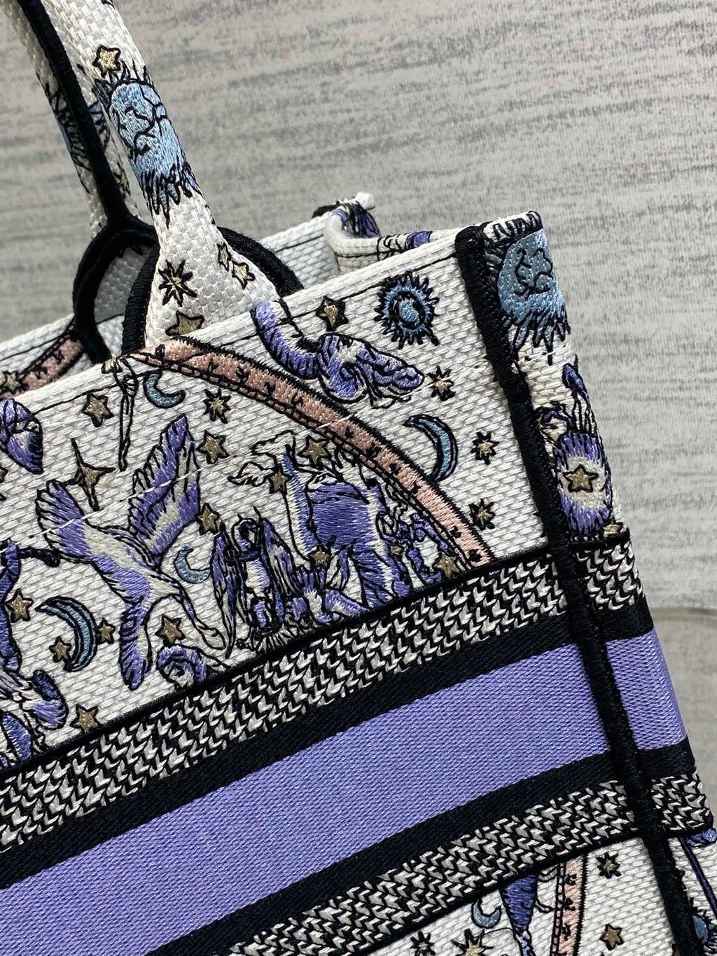 DIOR 25S SMALL BOOK TOTE 26 IN WHITE AND PURPLE DIOR NIGHT OF DREAMS EMBROIDERY