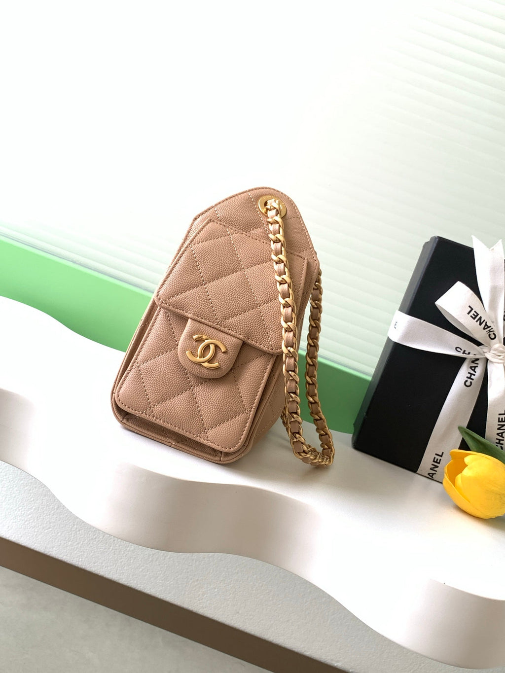 CHANEL 25S HOBO BAG 22 IN BEIGE BROWN CAVIAR LEATHER WITH GOLD HARDWARE