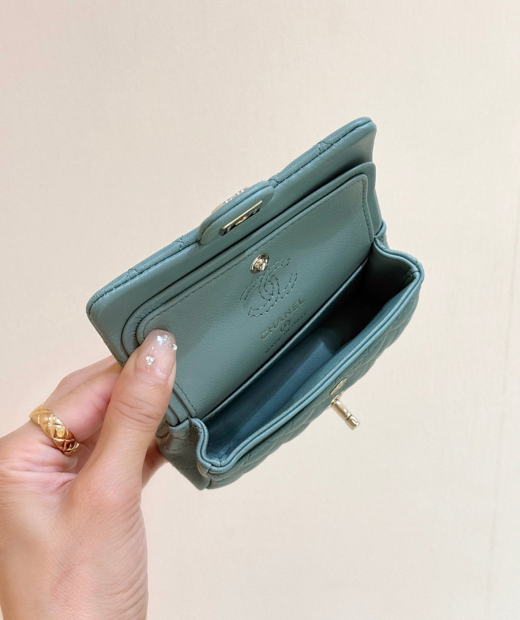 CHANEL 25S FLAP CHARM BAG 13 IN TEAL BLUE LAMBSKIN